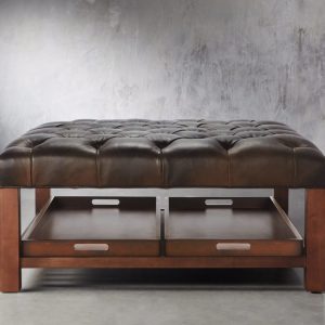 Butler Tufted Leather 39" Square Ottoman (with Trays) in Libby Espresso