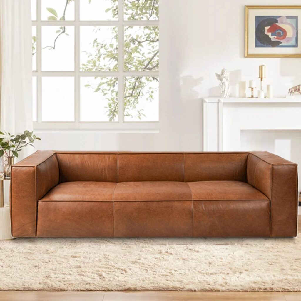 Full Aniline Leather Sofa Modern Genuine Leather Sofa Couch for Living Room - 100"W x 43"D x 26.25"H