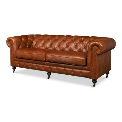 Carola 89" Genuine Leather Rolled Arm Chesterfield Sofa