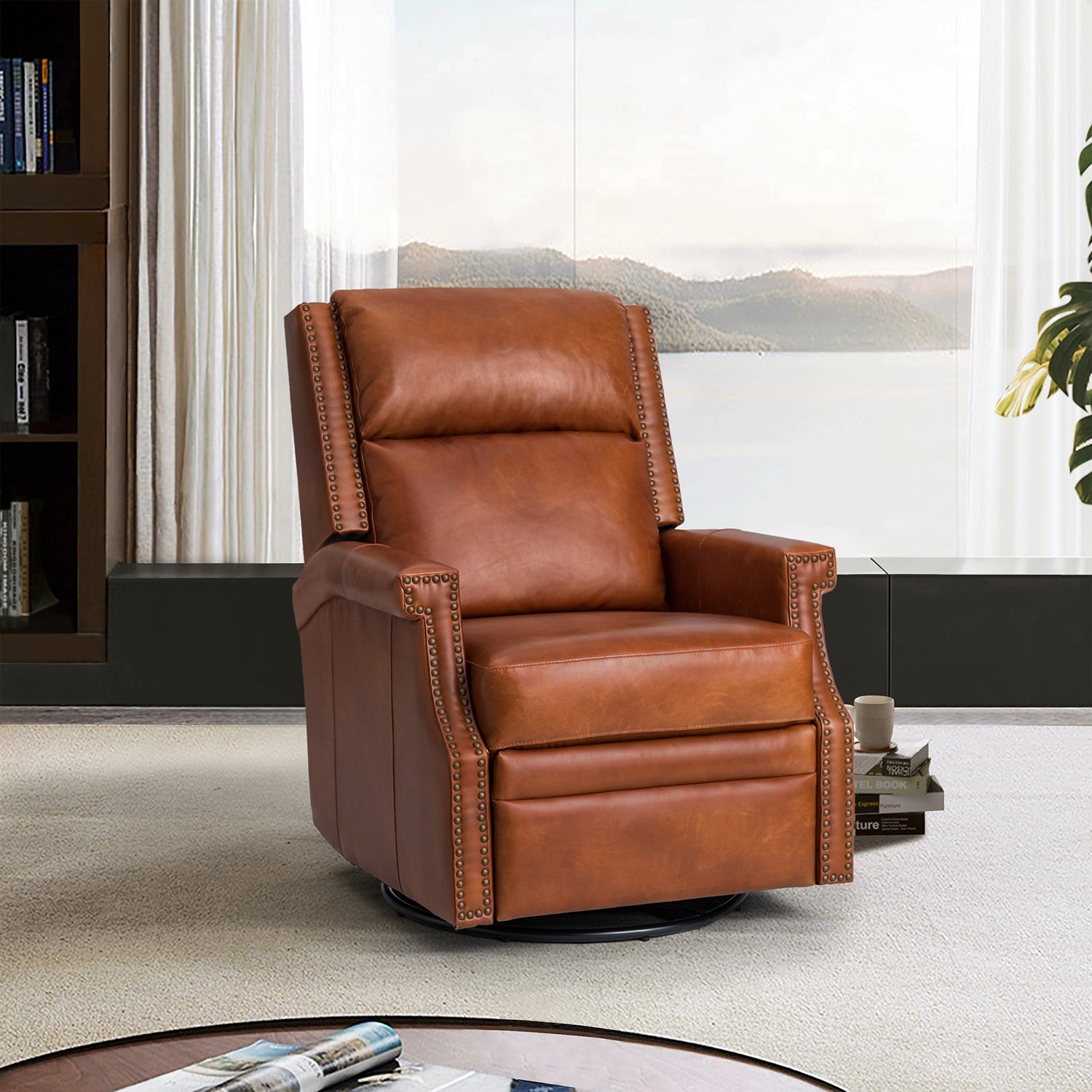 Comfortable Echidna Genuine Leather Swivel Rocker Recliner with Nailhead Trim for Living Room