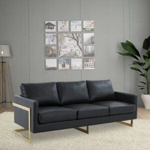 Everly Quinn Bellago Modern Mid-Century Upholstered Leather Sofa With Gold Frame