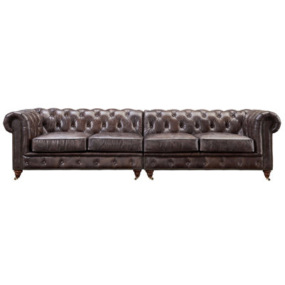 118" Genuine Leather Rolled Arm Chesterfield Sofa