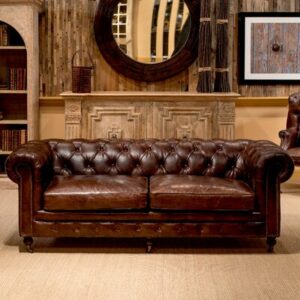 Castered Chesterfield 89" Genuine Leather Rolled Arm Sofa