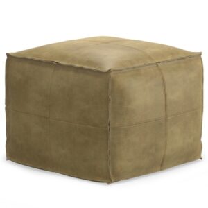 Simpli Home Sheffield Square Ottoman in Distressed Leather, Distressed Sandcastle