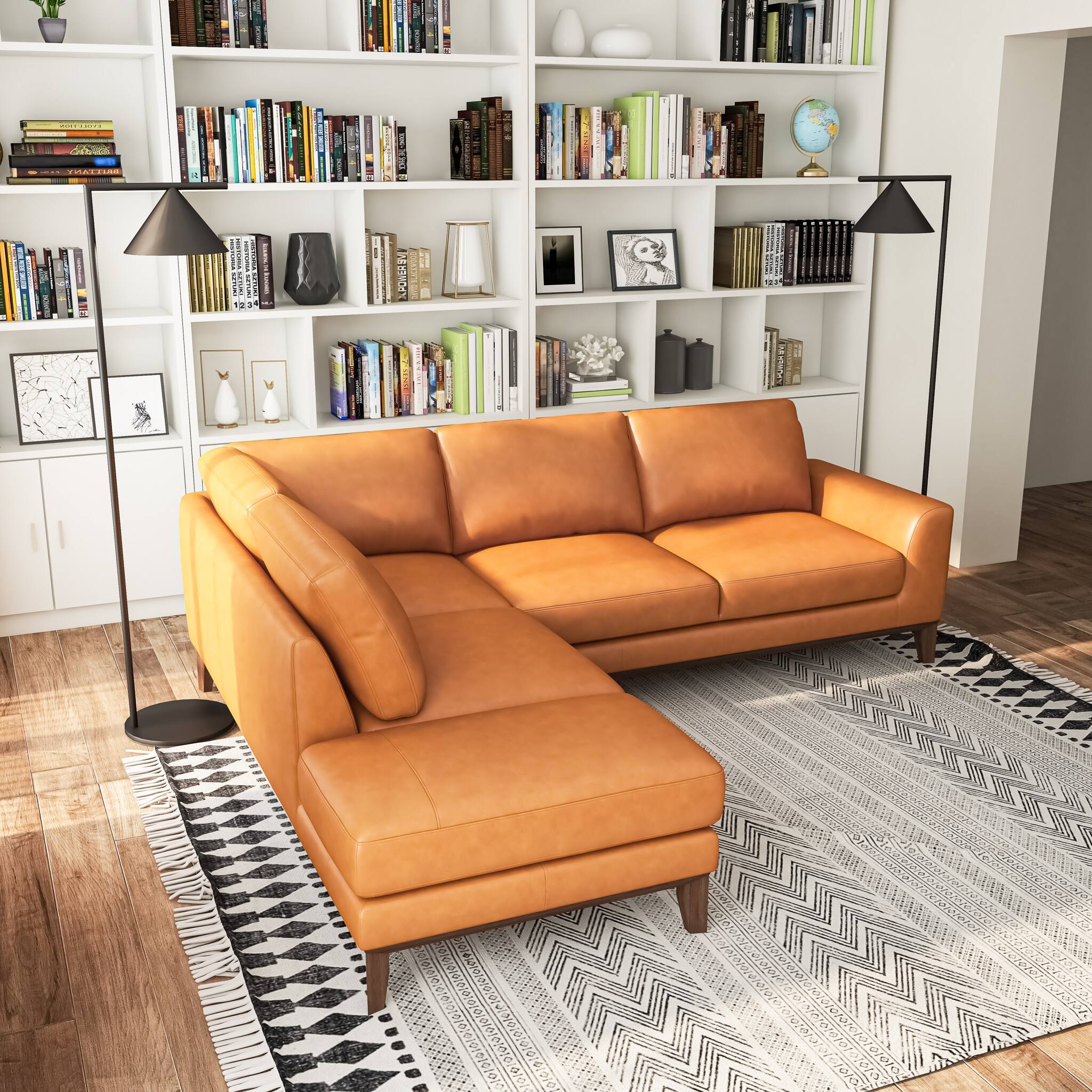 Miamo Mid Century Living Room Top Leather Corner Sectional Sofa in Tan