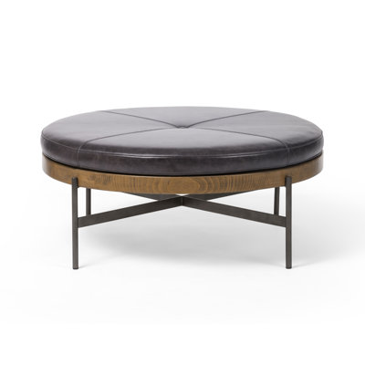 Brehmer 39" Wide Genuine Leather Tufted Round Cocktail Ottoman