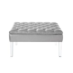 Inspired Home Skye Pu Leather Button Tufted Acrylic Legs Ottoman - Silver