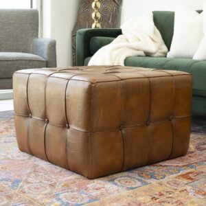26" Wide Genuine Leather Tufted Square Standard Ottoman