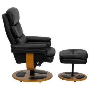 Contemporary Black Leather Recliner And Ottoman With Wood Base - Black