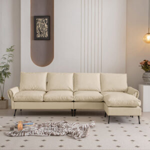 L-Shape Technical Leather Upholstered Sofa With Ottoman Footstool