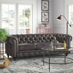 Sirvon 95" Genuine Leather Rolled Arm Chesterfield Sofa