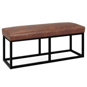 Simpli Home Reynolds Ottoman Bench in Distressed Saddle Brown Pu Leather - Brown