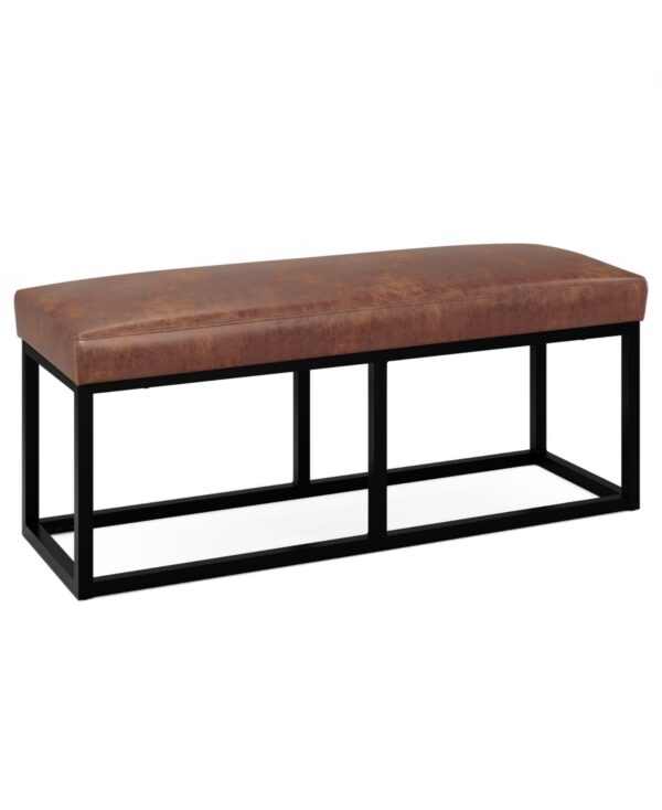 Simpli Home Reynolds Ottoman Bench in Distressed Saddle Brown Pu Leather - Brown