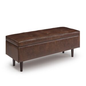 Simpli Home Shay Mid Century Rectangular Storage Ottoman in Distressed Chestnut Brown Pu Leather - Distressed Chestnut Brown
