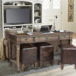Yahaira Sofa Wooden Table with 3 Leather Standard Ottomans, 76x22x36