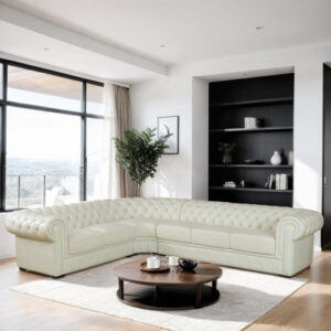 3 - Piece 138" Wide Genuine Cowhide Leather Luxury Chesterfield Living Room Sectional