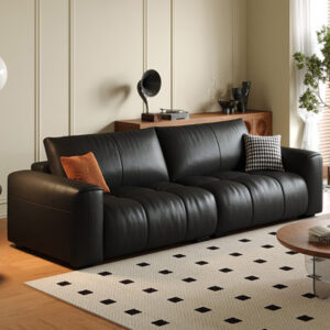 86.61" Black Genuine Leather Modular Sofa cushion couch
