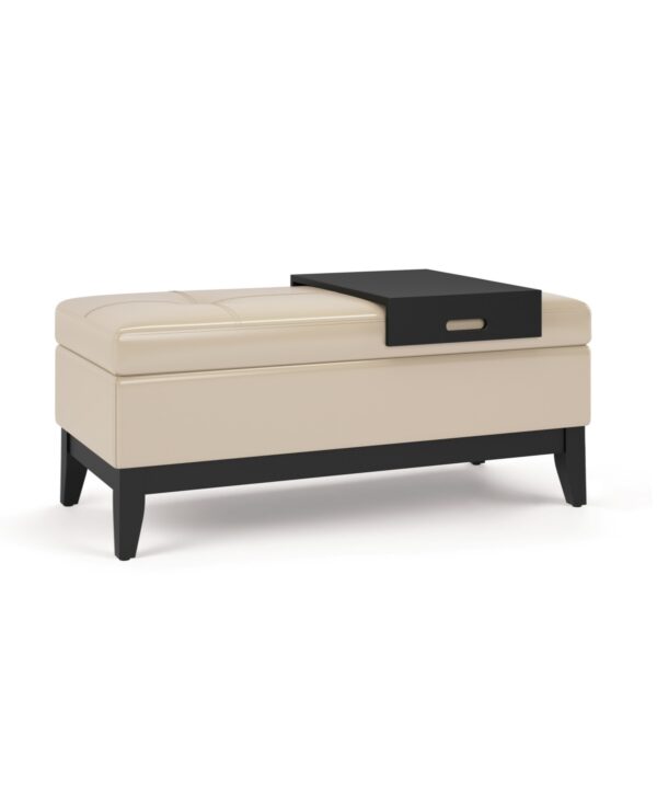 Simpli Home Oregon Storage Ottoman Bench with Tray in Satin Cream Pu Leather - Cream