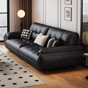 82.68" Black Genuine Leather Modular Sofa cushion couch
