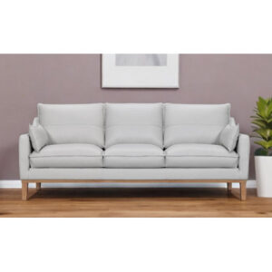 87" Gray Leather Sofa And Toss Pillows With Brown Legs