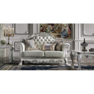 Kamyrn Transitional Tufted Upholstered Sofa with Pillows in Synthetic Leather and Bone White