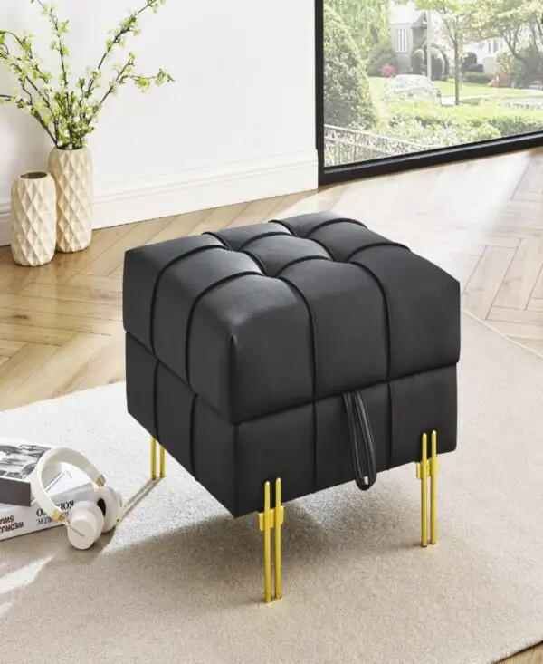 Streamdale Furniture 22 inches Anti-scratch Leather Storage Ottoman, Pet Friendly Entryway Bench with Golden Stainless Steel Legs, Black - Black pu