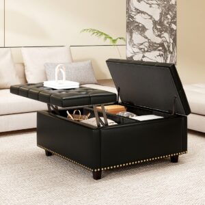 Streamdale Furniture Pu Leather Oversized Storage Ottoman with Nailhead Trim - Black