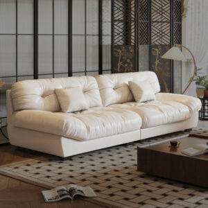 Tyffanie 102.4" Mid-Century Leather Feather Sofas Flared Arm Couch