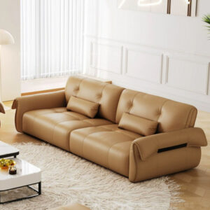 110.24" Light brown Genuine Leather Modular Sofa cushion couch