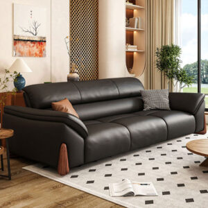 86.61" Black Genuine Leather Standar Sofa cushion couch