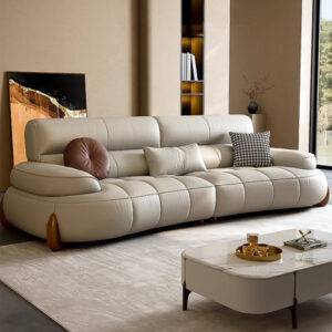 Beige Modern Minimalist Genuine Leather Sofa with Cushions