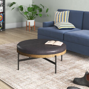 Brehmer 39" Wide Genuine Leather Tufted Round Cocktail Ottoman
