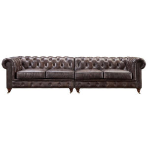 118" Genuine Leather Rolled Arm Chesterfield Sofa