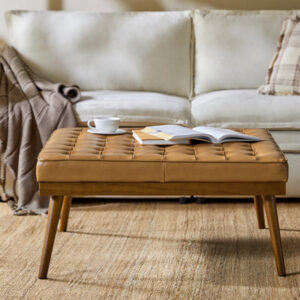 Genuine Modern Genuine Leather Ottoman With Solid Wood Legs