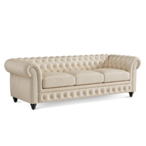 Parma 92" Full Aniline Leather Chesterfield Three Seats Sofa, Antique White