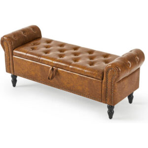 Streit Storage Bench for Bedroom, Upholstered Ottoman End of Bed Bench with Solid Wood Legs Modern Shoe Storage Leather Bench,YellowBrown