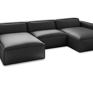 Valencia Hamall Full Aniline Leather Modular Sofa With Down Feather, Row Of 3 Double Chaise, Black Color