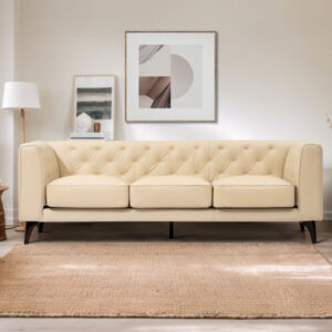 " beige tufted leather sofa: 3-seater with feather down topper and extra deep seats - elegant living room couch (116 characters)