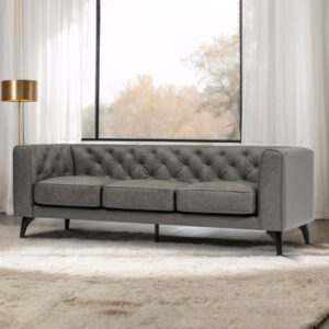 " graphite leather sofa: tufted 3-seater with feather down topper, extra deep seats - sophisticated living room couch (118 characters)