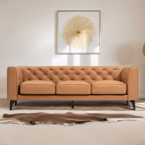 " tan genuine leather sofa: tufted 3-seater with feather down topper, extra deep seats - luxurious living room couch (119 characters)