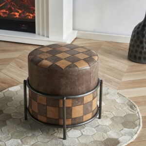 18'' Wide Genuine Leather Round Gingham Standard Ottoman