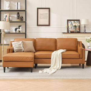 94" Modern Genuine Leather Upholstered L-Shaped Sofa with Double Layer Curved Armrests and Chaise Lounge