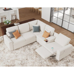 Bhoyar Power Recliner, 5 Seats L Shaped Anti-scratch Leather Modular Couch with Cup Holder& Charging Port, Thick Armrest Single Right Reclining Sectio