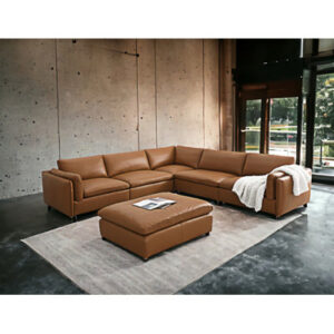 Brighton Top Grain Leather 6 Pieces Modular Sectional Sofa Couch With 1 Ottoman