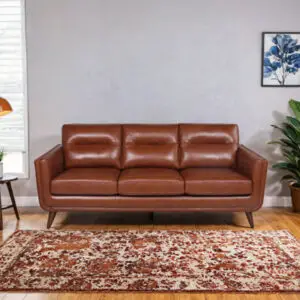 Mid-Century Leather Sofa, Light Brown, 3-Seat with Solid Wood Legs