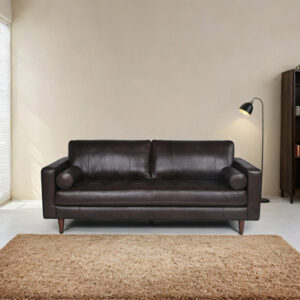 Mid-Century Tufted Leather Sofa, Espresso, 3-Seat with Solid Wood Legs