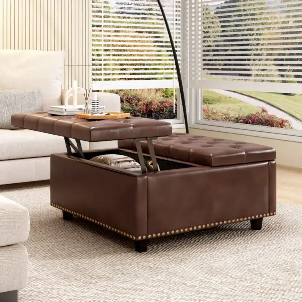 Streamdale Furniture Pu Leather Oversized Storage Ottoman with Nailhead Trim - Brown